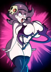1girl :o absurdres aether_foundation big_hair breasts creatures_(company) duskull game_freak gen_3_pokemon glasses grabbing_another&#039;s_breast grimphantom groping highres huge_breasts kneehighs nintendo open_mouth pink-framed_eyewear pokemon pokemon_(creature) pokemon_sm socks solo surprised wicke_(pokemon)