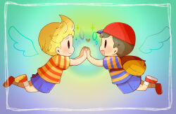 angel_wings backpack bad_tag bag black_hair blonde_hair child flying hat holding_hands legs lucas_(mother_3) mother_(series) mother_2 mother_3 ness_(mother_2) nintendo opipio_m shirt shoes shorts shota socks striped_clothes striped_shirt super_smash_bros. wings