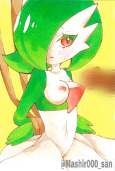 1girl amaki_mashiro arms_behind_back artist_name bdsm blur_censor blush bob_cut bondage bound bound_arms breasts censored collarbone colored_eyelashes colored_skin cowboy_shot disembodied_penis erection gardevoir gen_3_pokemon green_hair green_skin hair_over_one_eye highres looking_at_penis medium_breasts multicolored_skin navel nintendo nipples one_eye_covered parted_lips penis pokemon pokemon_(creature) raised_eyebrows red_eyes rope short_hair simple_background solo_focus stomach traditional_media twitter_username two-tone_skin watermark white_skin yellow_background