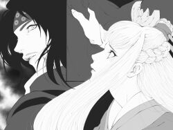 beard black_hair blonde_hair braid cape chacha clothes_grab clothes_pull eyelashes facial_hair hair_ornament headband lips long_hair looking_back looking_to_the_side monochrome mustache parted_lips sanada_yukimura sengoku_musou source_request