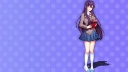 1girl blazer blue_background blue_skirt blush book breasts buttons closed_mouth collared_shirt commentary doki_doki_literature_club doki_doki_literature_club_plus doki_doki_literature_club_school_uniform dot_nose double-parted_bangs dress_shirt english_commentary eyebrows_hidden_by_hair fingernails full_body game_cg grey_jacket hair_between_eyes hair_intakes hair_ornament hairclip half-closed_eyes head_tilt highres holding holding_book jacket kneehighs large_breasts long_eyelashes long_hair long_sidelocks looking_at_viewer lucidsky mary_janes miniskirt neck_ribbon nervous non-web_source official_art official_wallpaper parted_hair pleated_skirt polka_dot polka_dot_background purple_eyes purple_hair red_ribbon ribbon satchely school_uniform shirt shoes shy sidelocks skirt smile socks solo squchan standing thick_eyelashes thighs very_long_hair white_shirt white_shoes white_socks wing_collar yuri_(doki_doki_literature_club)