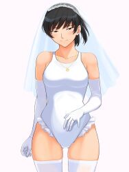1girl amagami bare_shoulders black_eyes black_hair breasts bridal_veil bride closed_mouth collarbone commentary competition_swimsuit cowboy_shot elbow_gloves frilled_one-piece_swimsuit frills gloves gluteal_fold hanaguma highres jewelry light_blush looking_at_viewer medium_breasts necklace one-piece_swimsuit ponytail ring short_hair simple_background solo swimsuit thighhighs tsukahara_hibiki veil wedding_ring white_background white_gloves white_one-piece_swimsuit white_thighhighs