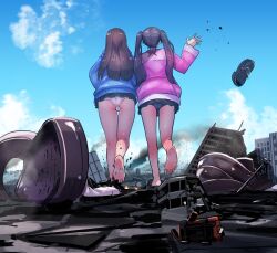 Rule 34 | 2girls, absurdres, barefoot, black hair, black panties, black skirt, blue cardigan, building, car, cardigan, cloud, commission, destruction, facing away, fire, from behind, full body, giant, giantess, highres, hood, hooded cardigan, junk, kneepits, loafers, long hair, motor vehicle, multiple girls, natsukaze shigure, original, oversized object, panties, pantyshot, pink shirt, pleated skirt, sandals, shirt, shoes, skeb commission, skirt, sky, socks, standing, standing on one leg, thrown, twintails, underwear, unworn sandals, unworn shoes, unworn socks, utility pole, walking, white panties, white socks