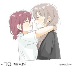 2girls black_shirt blush brown_hair chinese_commentary closed_eyes commentary_request girls_band_cry grey_hair haidao_mao highres hug iseri_nina kawaragi_momoka long_hair low_twintails multiple_girls open_mouth shirt short_hair short_twintails simple_background twintails upper_body white_background white_shirt yuri