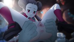 1girl anus ass ass_grab bestiality black_hair bloom blurry blurry_background blurry_foreground bottomless bow brown_hair clitoral_hood clitoris commentary depth_of_field english_commentary gaping gen_1_pokemon geodude greatm8 hair_bow hair_pulled_back hair_ribbon half-closed_eyes highres holding_person knees_up long_hair mary_janes necktie nintendo parted_lips photoshop_(medium) pink_necktie pokemon pokemon_(creature) pokemon_oras pokephilia pussy pussy_juice red_bow red_eyes red_legwear red_ribbon ribbon roxanne_(pokemon) shoes socks source_filmmaker_(medium) spread_ass spread_legs spread_pussy twintails uncensored