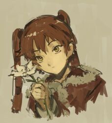 Rule 34 | 1girl, cropped torso, flower, grey background, highres, holding, holding flower, kornod, looking at viewer, orange hair, ran (texhnolyze), red hair, solo, texhnolyze, twintails, upper body, white flower
