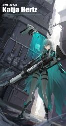 Rule 34 | 1girl, absurdres, black boots, black straps, black survival, boots, drone, english text, eternal return: black survival, green eyes, grey hair, gun, hair between eyes, highres, holding, holding gun, holding weapon, katja (black survival), long hair, looking at viewer, rifle, sniper rifle, solo, thigh strap, vkrv4873, weapon