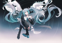 1girl absurdres black_boots black_skirt black_sleeves blue_eyes blue_hair boots closed_mouth commentary_request convenient_leg detached_sleeves floating_hair hair_between_eyes hand_up hatsune_miku highres hui_yu_yu_yu_ye index_finger_raised long_hair long_sleeves original pleated_skirt shirt shoe_soles skirt sleeveless sleeveless_shirt smile solo thigh_boots twintails very_long_hair white_shirt wide_sleeves