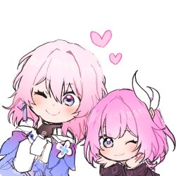 2girls 5rwpvc ;) black_gloves blue_coat blue_eyes coat commentary cyrene_(honkai:_star_rail) earrings gloves hair_ornament heart highres honkai:_star_rail honkai_(series) jewelry looking_at_viewer march_7th_(honkai:_star_rail) march_7th_(preservation)_(honkai:_star_rail) medium_hair multicolored_eyes multiple_girls one_eye_closed pink_hair purple_coat simple_background smile symbol-only_commentary two-tone_eyes white_background
