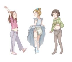 3girls absurdres blue_dress blush bow breasts diaper dress flat_chest hair_bow highres hope loli multiple_girls pantyhose small_breasts stretching sweater tagme upskirt yawning