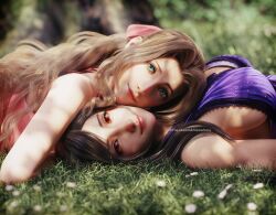 2girls 3d aerith_gainsborough aerith_gainsborough_(prism_dress) artist_name bare_shoulders black_hair blurry blurry_background breasts brown_hair cheek-to-cheek closed_mouth day dress final_fantasy final_fantasy_vii final_fantasy_vii_remake flower grass green_eyes hair_ribbon heads_together highres large_breasts looking_at_viewer multiple_girls official_alternate_costume outdoors parted_bangs pink_dress pink_ribbon ponytail purple_dress purple_negligee red_eyes ria_(baka-neearts) ribbon sideboob sidelocks smile solarasona swept_bangs tifa_lockhart tifa_lockhart_(refined_dress) twitter_username upper_body white_flower yuri