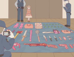 1girl 3boys :&lt; absurdres arrested avogado6 axe back_bow bag balisong baseball_bat baseball_cap belt beretta_px4_storm black_belt black_footwear black_neckwear blanket blue_jacket blue_pants blue_shirt blue_vest bow bowtie brass_knuckles camera center_frills chainsaw child closed_mouth commentary cuffs dagger dress english_commentary equipment_layout explosive flat_color frilled_dress frilled_shirt_collar frilled_socks frills glasses gloves grenade grey_hair gun hair_between_eyes hair_bow hair_ornament hairclip handcuffs handgun hands_on_own_hips hat highres holding holding_camera holding_pen indoors jacket japan_national_police katana kawaii_girl_(avogado6) kitchen_knife knife knolling light_brown_hair lolita_fashion long_sleeves mace magazine_(weapon) medium_hair microphone mixed-language_commentary mk2_(grenade) multiple_boys nail nail_(hardware) nail_bat necktie opaque_glasses orange_bag orange_bow orange_dress orange_neckwear orange_shoes original pale_skin pants pen pinafore_dress pink_bow pink_shoes police police_uniform policeman pump_action radio romaji_commentary shirt shoes short_hair sleeveless sleeveless_dress socks spiked_mace spikes squatting standing stuffed_animal stuffed_rabbit stuffed_toy stun_gun sword taking_picture teddy_bear two_side_up unworn_bag utility_vest v_arms vest weapon weapon_request white_gloves white_legwear white_shirt wooden_floor writing |_|