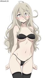 :o absurdres ahoge artist_name bare_arms bare_shoulders bikini black_bikini black_thighhighs blonde_hair blush breasts collarbone cowboy_shot groin hair_between_eyes highres large_breasts long_hair make_heroine_ga_oo_sugiru! navel orange_eyes roswell_ss shikiya_yumeko simple_background skindentation stomach swimsuit thighhighs white_background
