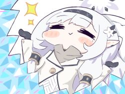 1girl black_gloves black_hairband blue_archive blush_stickers chibi closed_eyes closed_mouth gloves grey_halo hair_tubes hairband halo hands_up himari_(blue_archive) jacket long_hair long_sleeves mole mole_under_eye no_nose pointy_ears pyroxene_(blue_archive) solo sparkle umihio upper_body white_hair white_jacket