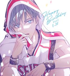 1boy 2023 a_jou basketball_jersey blue_eyes confetti dated happy_birthday knees kuroko_no_basuke kuroko_tetsuya looking_at_viewer male_focus open_mouth solo sweat sweatband sweatdrop teeth white_background white_hair wiping