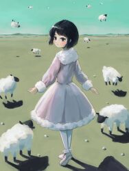 1girl animal black_hair blue_sky closed_mouth day dress floating fur-trimmed_dress fur_trim highres landscape long_sleeves looking_back mountainous_horizon okura_lino original outdoors pantyhose shadow sheep shoes short_hair sky solo surreal white_pantyhose white_shoes