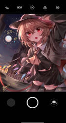 1girl :d absurdres alternate_costume ascot black_hat black_sailor_collar black_serafuku black_shirt black_skirt black_thighhighs blonde_hair bow building chinese_commentary cloud cloudy_sky collared_shirt commentary_request cropped_shirt crossed_bangs crystal_wings fake_phone_screenshot fake_screenshot fang flandre_scarlet floating_clothes full_moon hair_between_eyes hair_bow hat highres lamppost leaning_forward light_blush long_hair looking_at_viewer midriff_peek moon night night_sky one_side_up open_mouth outdoors outstretched_arm pleated_skirt red_bow red_eyes sailor_collar school_uniform selfie serafuku shirt sidelocks signature skin_fang skirt sky smile solo standing star_(sky) thighhighs top-exerou touhou trilby white_shirt yellow_ascot