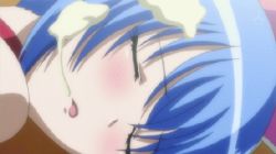1girl animated animated_gif blue_hair blush closed_eyes cream cream_on_face dot_nose eyelashes female_focus food food_on_face gender_request genderswap kampfer licking lowres lying senou_natsuru sexually_suggestive shiny_skin solo solo_focus tongue tongue_out
