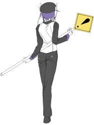 1girl aa_kabeuchi absurdres arched_back beret collared_shirt commentary_request facing_away from_behind full_body hat highres holding holding_behind_back holding_road_sign holding_sign holding_weapon_behind_back long_sleeves pants partially_colored purple_hair road_sign shirt shoes short_hair sign simple_background solo standing utane_uta utau warning_sign