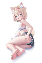 1girl absurdres animal_ears ass bandaid bandaid_hair_ornament bare_legs barefoot black_shorts blonde_hair blue_eyes blue_panties breasts dog_ears dog_girl dog_tail dolphin_shorts feet fpvjoe hair_ornament hand_on_own_ass highres hololive hololive_english legs looking_at_viewer mococo_abyssgard multicolored_hair open_mouth panties panties_under_shorts panty_peek pantyshot pink_hair short_shorts shorts simple_background small_breasts soles solo sports_bra striped_clothes striped_panties sweat sweatdrop tail toes two-tone_hair two-tone_panties underwear upshorts virtual_youtuber white_background white_panties white_sports_bra x_hair_ornament