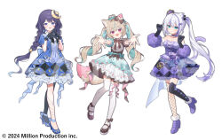 3girls :o absurdres amakami_konomi animal_ears argyle_clothes argyle_dress black_gloves black_pantyhose black_thighhighs blonde_hair blue_dress blue_eyes blue_shoes braid brown_shirt brown_shoes cat_ears cat_tail colored_inner_hair commentary_request contrapposto copyright_notice crescent crescent_hair_ornament detached_sleeves dress drill_hair fishnet_thighhighs fishnets frilled_dress frills gloves green_hair green_skirt hair_ornament high_heels highres layered_sleeves long_hair looking_at_viewer million_production mismatched_thighhighs multicolored_hair multiple_girls nonono_nono official_art open_mouth outstretched_arms pantyhose paw_pose puffy_short_sleeves puffy_sleeves purple_dress purple_eyes purple_hair purple_shoes red_eyes sample_watermark shirt shoes short_sleeves side_ponytail simple_background single_leg_pantyhose skirt smile standing standing_on_one_leg striped_clothes striped_dress tail thighhighs twin_braids twin_drills twintails vertical-striped_clothes vertical-striped_dress virtual_youtuber waka_(wk4444) watermark white_background white_hair white_thighhighs yuragi_yura