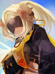1girl artist_name blonde_hair commentary day eye_mask hair_ornament high_ponytail highres long_hair mofumanju outdoors parted_bangs ponytail solo triangle_hair_ornament trigger_(zenless_zone_zero) upper_body zenless_zone_zero