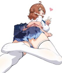 1girl absurdres ahoge ass blue_overskirt blue_ribbon blue_skirt blush breasts brown_eyes brown_hair cardigan commentary_request from_behind gakuen_idolmaster hanami_ume hand_up hatsuboshi_gakuen_school_uniform highres idolmaster large_breasts long_sleeves looking_at_viewer looking_back lying neck_ribbon no_shoes on_stomach open_cardigan open_clothes open_mouth panties pleated_skirt ribbon school_uniform shirt short_hair simple_background skirt smile solo tamago_(eva1314056) teeth thick_thighs thighhighs thighs underwear upper_teeth_only white_background white_panties white_shirt white_thighhighs