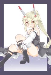1girl ayanami_(azur_lane) ayanami_(nightfall_raiment)_(azur_lane) azur_lane bare_shoulders black_boots black_bow black_dress blonde_hair boots bow closed_mouth dress dress_bow hair_between_eyes high_ponytail highres long_hair looking_at_viewer missed_timing official_alternate_costume orange_eyes ponytail smile solo very_long_hair