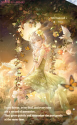 1girl artist_request bird blue_flower bud bug butterfly castle character_name chest_jewel cloud coattails copyright_name dove dress english_text fairy feet_out_of_frame flower forest full_moon gem gold_necklace green_dress grey_hair hair_flower hair_ornament hand_on_own_chest highres hill insect jewelry lake lavender_(flower) light_particles light_smile lily_(flower) lips logo moon nature necklace nikki_(series) official_art on_swing orange_flower outdoors parted_lips pink_flower pink_lips pink_rose plant purple_flower purple_gemstone rose second-party_source shining_nikki short_dress short_hair_with_long_locks shoulder_tattoo single_sidelock sitting sky solo strapless strapless_dress stray_springwood_(shining_nikki) swing swinging_on_swing tattoo teeth tree twilight vines white_flower white_rose yellow_eyes yellow_flower yexiao_(shining_nikki)