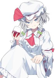 1girl alcohol ascot blue_eyes bow braid closed_mouth cosplay crossed_legs cup dress drinking_glass frilled_ascot frills garasuno green_bow grey_hair hair_bow hat highres holding holding_cup izayoi_sakuya long_sleeves looking_at_viewer mob_cap red_ascot remilia_scarlet remilia_scarlet_(cosplay) side_braids simple_background sitting smile solo touhou v-shaped_eyebrows white_background white_dress white_hat wide_sleeves wine wine_glass