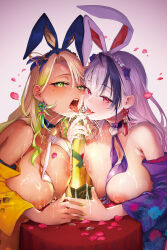 2girls bare_shoulders blonde_hair blush bottle breasts comic_bavel commentary_request earrings gradient_background green_eyes highres jewelry large_breasts long_hair long_sleeves mole mole_under_eye multiple_girls nipples off_shoulder open_mouth original penis petals pov purple_hair pyon-kichi red_eyes simple_background smile tongue tongue_out upper_body wide_sleeves