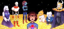 3boys 3girls alphys androgynous animal_ears armor asgore_dreemurr beard blonde_hair blood blue_skin bone brown_hair closed_eyes colored_sclera colored_skin crown crying death disintegration facial_hair field fins flower flower_bed flower_field frisk_(undertale) furry glasses goat_ears head_fins heart horns injury ivorare lab_coat multiple_boys multiple_girls open_mouth papyrus_(undertale) petals red_hair red_scarf robe sans_(undertale) scarf shirt short_hair skeleton skull smile spoilers striped_clothes striped_shirt tank_top tears teeth toriel undertale undyne yellow_sclera