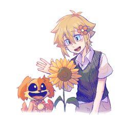 1boy animal antenna_hair basil_(faraway)_(omori) basil_(omori) blonde_hair blue_eyes brown_shorts collared_shirt crossover dog dogday_(poppy_playtime) flower genre_connection green_sweater_vest hair_flower hair_ornament highres omori open_mouth orange_fur poppy_playtime qinliu_cat shirt short_sleeves shorts simple_background sunflower sweater_vest teeth tongue trait_connection white_background white_shirt