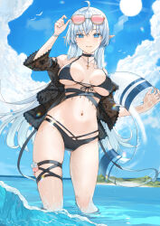 1girl ahoge arm_up bare_shoulders bikini black_bikini black_choker black_shirt blue_eyes breasts breasts_apart choker closed_mouth collarbone day elf eyewear_on_head front-tie_bikini_top front-tie_top gluteal_fold halterneck hu_kotora innertube large_breasts long_hair looking_at_viewer multi-strapped_bikini navel off_shoulder open_clothes open_shirt original outdoors pointy_ears see-through_clothes shirt skindentation smile solo standing stomach string_bikini sun sunglasses sunlight swim_ring swimsuit thigh_strap thighs tinted_eyewear very_long_hair wading water white_hair