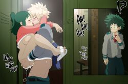 Rule 34 | !?, 1girl, 2boys, against locker, against wall, age difference, bakugou katsuki, blonde hair, boku no hero academia, breasts, breasts out, closed eyes, clothed sex, clothes lift, cum, cum in pussy, curly hair, flip-flops, freckles, french kiss, green hair, hetero, hiding, highres, kiss, locker, locker room, long hair, mature female, medium breasts, midoriya inko, midoriya izuku, mother and son, motherly netorare, multiple boys, netorare, pants around one leg, pasaway komiks, plump, sandals, school uniform, sex, shirt, shirt lift, shitsukoimanga, short hair, shounen jump, sound effects, spiked hair, suspended congress, u.a. school uniform, vaginal
