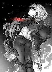 1girl absurdres alternate_costume ass closed_mouth commentary_request embers fire from_behind girls&#039;_frontline gloves greyscale gun highres holding holding_gun holding_weapon jacket kriss_vector looking_at_viewer mji_(emucchi) monochrome open_clothes open_jacket pants simple_background solo spot_color submachine_gun tom_clancy&#039;s_the_division trigger_discipline vector_(girls&#039;_frontline) weapon