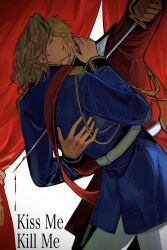 2boys absurdres aiguillette axis_powers_hetalia bleeding blonde_hair blood blue_jacket curtains epaulettes facial_hair france_(hetalia) goatee_stubble highres holding holding_sword holding_weapon hug injury jacket long_sleeves male_focus medium_hair military military_jacket military_uniform multiple_boys red_jacket red_sash sash short_hair stab stubble sweatdrop sword united_kingdom_(hetalia) wanlaijuji132 weapon yaoi