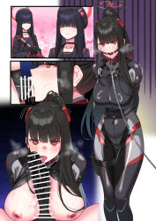 1girl 2futa absurdres arms_behind_back ball_gag beret black_gloves black_hair black_serafuku blue_archive blunt_bangs blush bodysuit bound bound_arms breasts censored commentary_request fellatio futa_with_female futanari gag gloves gun hair_over_eyes halo hat hiememiko highres holding holding_gun holding_weapon holster justice_task_force_member_(blue_archive) large_breasts large_penis licking licking_penis long_hair multiple_futa nipples oral penis ponytail red_eyes ringed_eyes rio_(blue_archive) rio_(bodysuit)_(blue_archive) school_uniform serafuku smile thigh_holster tongue tongue_out very_long_hair weapon