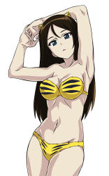 Rule 34 | 1girl, 9s0ykoyama117, absurdres, animal print, armpits, bikini, black hair, blue eyes, breasts, cleavage, collarbone, fake horns, fur bikini, girls und panzer, highres, horns, large breasts, long hair, looking at viewer, navel, nonna (girls und panzer), open mouth, simple background, solo, swimsuit, tiger print, white background