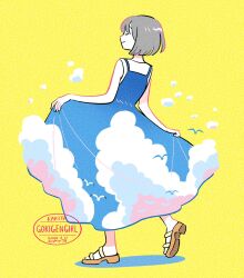 1girl artist_name bare_legs bird black_hair blue_dress blue_sky closed_eyes closed_mouth cloud cloud_print commentary dated dress feet from_behind full_body gesooo_4 highres original print_dress sandals seagull shadow shirt shirt_under_dress simple_background skirt_hold sky sky_print sleeveless sleeveless_dress sleeveless_shirt smile solo standing standing_on_one_leg sundress watermark white_shirt yellow_background yellow_sandals