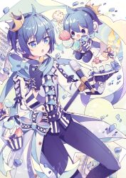 Rule 34 | 2boys, :d, :o, ahoge, blue eyes, blue flower, blue hair, blue petals, blue ribbon, blue rose, cake, candle, commentary, crown, cupcake, dual persona, feet out of frame, flower, food, gloves, gold crown, hair ornament, hairclip, headphones, holding, holding food, holding ice cream, holding plate, holding spoon, hyou (pixiv3677917), ice cream, jacket, kaito (vocaloid), long sleeves, male focus, microphone, microphone stand, multicolored jacket, multiple boys, multiple scoops, open mouth, pants, plate, purple gloves, purple jacket, purple pants, ribbon, rose, sheet music, short hair, signature, smile, spoon, standing, striped clothes, striped jacket, symbol-only commentary, two-tone jacket, vocaloid, white jacket