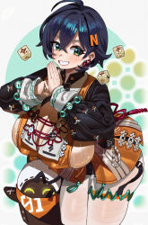 1girl absurdres alternate_breast_size bangboo_(zenless_zone_zero) belle_(zenless_zone_zero) blue_hair blush breasts cleavage clenched_teeth covered_erect_nipples crossed_bangs earrings eous_(zenless_zone_zero) feipin_zhanshi grin hair_between_eyes hair_ornament highres huge_breasts jewelry looking_at_viewer orange_skirt pantyhose short_hair skirt smile sweat teeth thighs white_pantyhose zenless_zone_zero