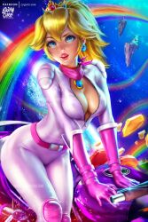 1girl artist_name bandana bandana_around_neck blonde_hair blue_brooch blue_eyes bodysuit breasts crown deviantart_username earrings eyelashes floating_island gloves highres jewelry knee_pads logan_cure long_hair mario_(series) mini_crown motor_vehicle motorcycle nintendo on_motorcycle parted_lips patreon_username pink_bandana pink_bodysuit pink_gloves pink_lips princess_peach rainbow_road shoulder_pads solo space the_super_mario_bros._movie twitter_username zipper zipper_pull_tab