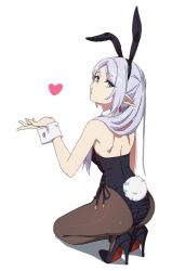 1girl animal_ears bare_shoulders black_leotard blowing_kiss brown_pantyhose detached_collar fake_animal_ears frieren highres leotard long_hair looking_at_viewer pantyhose playboy_bunny rabbit_ears rabbit_tail sando_(dukedevil) solo sousou_no_frieren strapless strapless_leotard tail wrist_cuffs