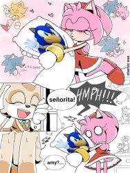 amy_rose ass bare_legs bedroom blush chibi child closed_eyes cream_the_rabbit dakimakura_(object) embarrassed feet hedgehog kiss legs panties pillow pink_fur pink_hair rabbit sega slippers sonic_(series) sonic_the_hedgehog spanish_text surprised sweatdrop tail terminalmontage_(style) underwear white_panties
