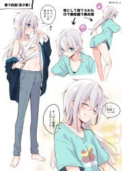 1girl ? aqua_shirt arrow_(symbol) asazuki_norito ass barefoot black_jacket blue_eyes blue_panties breasts chest_sarashi closed_eyes commentary_request eighth_note grin highres jacket long_hair musical_note off_shoulder open_clothes open_shirt original panties sarashi shirt small_breasts smile spoken_musical_note spoken_question_mark translation_request underwear undone_sarashi white_hair white_shirt