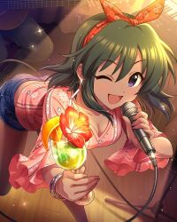 1girl artist_request breasts cleavage dark_skin denim idolmaster idolmaster_cinderella_girls idolmaster_cinderella_girls_starlight_stage microphone natalia_(idolmaster) one_eye_closed short_shorts shorts smile tagme wink