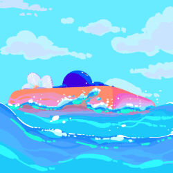 black_eyes blue_pikmin blue_skin blue_sky cloud colored_skin creature creature_focus day flower highres looking_up lying nintendo no_humans ocean on_back on_raft outdoors pikmin_(creature) pikmin_(series) sky solo water_drop white_flower yu_pikmin