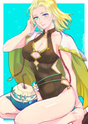 Rule 34 | 1girl, adjusting hair, bare legs, blonde hair, blue eyes, breasts, brown one-piece swimsuit, cape, cleavage, cleavage cutout, clothing cutout, coconut cup, earrings, fire emblem, fire emblem: the sacred stones, fire emblem heroes, highres, jewelry, kneeling, large breasts, looking at viewer, nintendo, official alternate costume, one-piece swimsuit, seiza, selena (fire emblem: the sacred stones), selena (summer) (fire emblem: the sacred stones), short hair, sitting, smile, swimsuit, taguchi (igutiguti), yellow cape