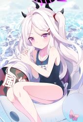 absurdres ahoge black_halo blue_archive blush demon_girl demon_horns demon_wings halo highres hina_(blue_archive) hina_(swimsuit)_(blue_archive) horns innertube kawtorikomi loli long_hair looking_at_viewer ocean outdoors purple_eyes ribbon school_swimsuit summer swim_ring swimsuit whistle whistle_around_neck white_hair wings
